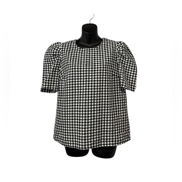 Calvin Klein, Gingham Puff Sleeve Blouse - Size M - Black & White - Picture 4 of 11
